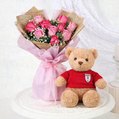 Buy/Send Pink Roses And Teddy For Valentine's Day Online | IGP | JVS1273143
