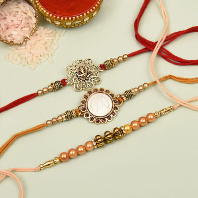 At Rakhi Buy/Send Set of 3 Antique Metallic Rakhi Online | IGP | L11116562