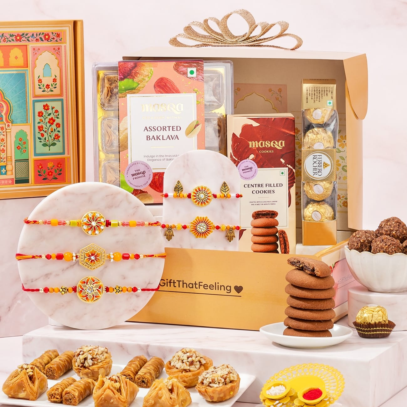 Auspicious Floral Rakhi with Baklava Hamper