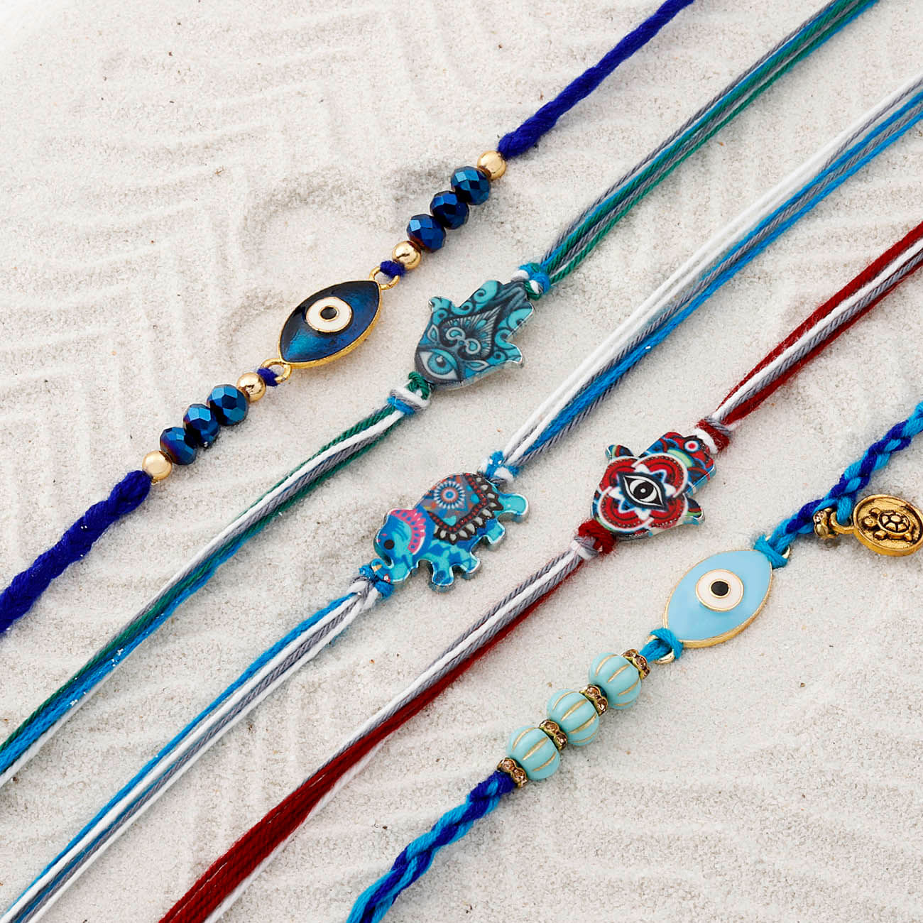 Auspicious Hamsa And Evil Eye Rakhi Set Of 5