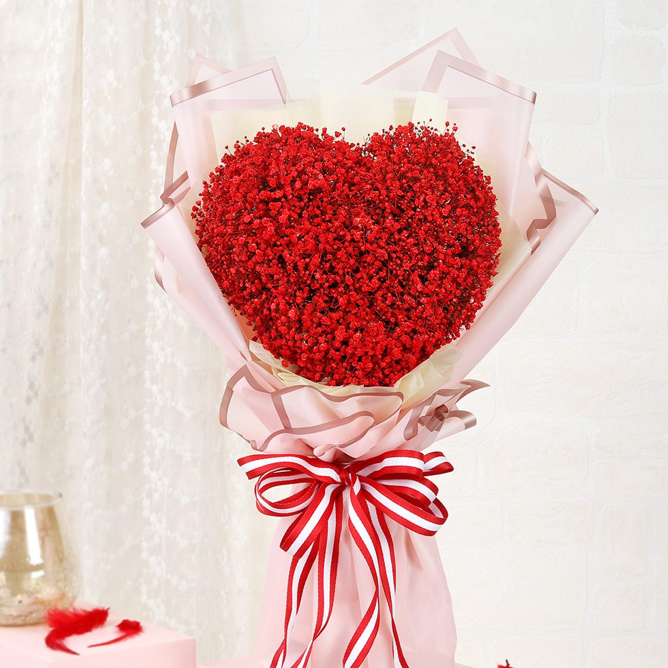 Baby's Breath Red Heart Bouquet For Valentine's Day