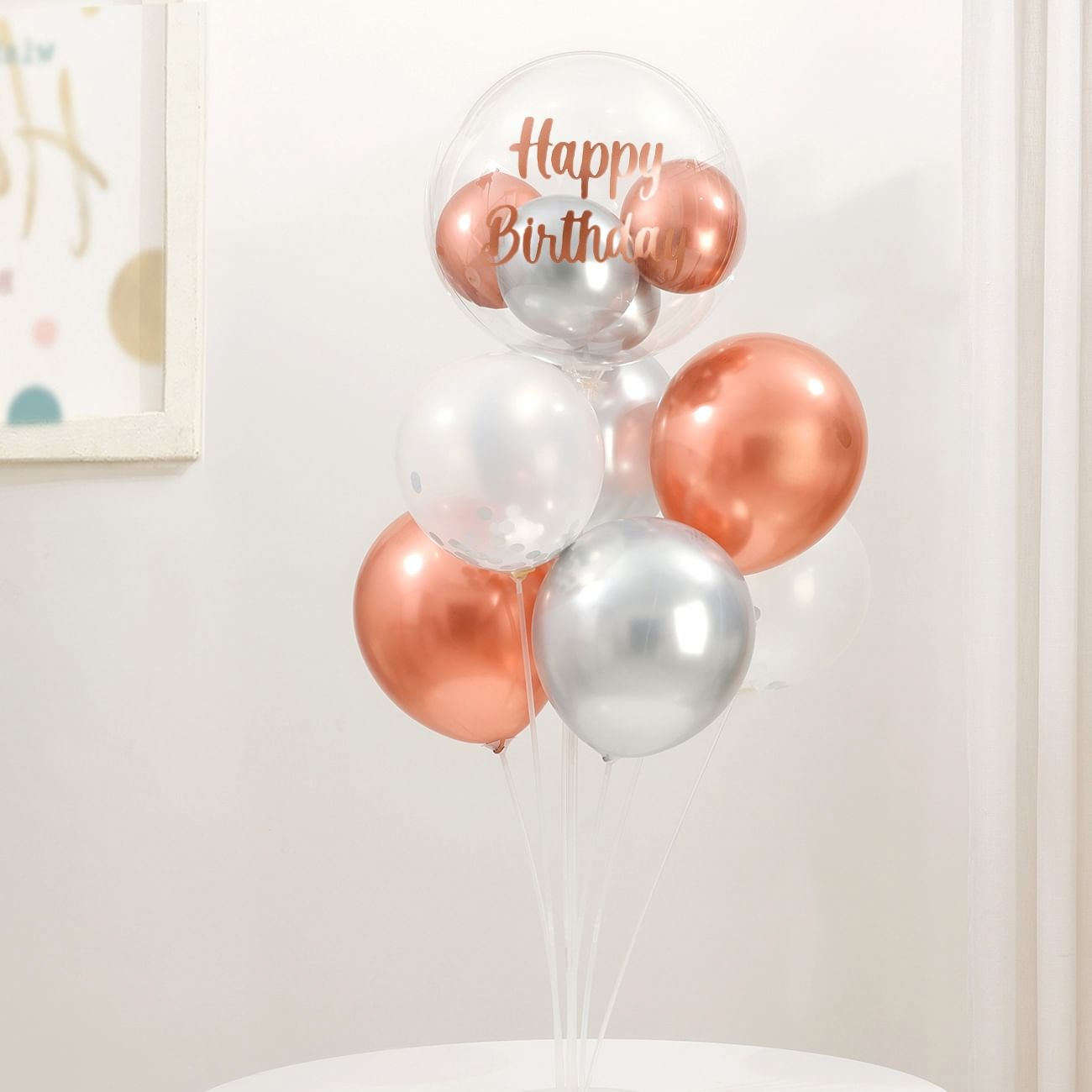 Birthday Sparkle Rose Gold And Silver Balloon Arrangement