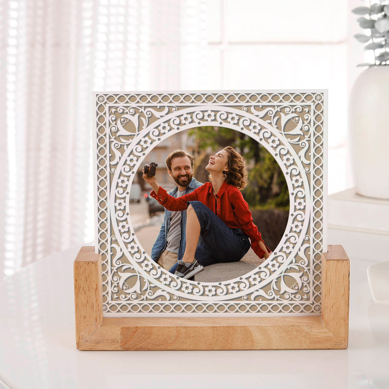 Blossoming Love Personalized Acrylic Frame With Wooden Base