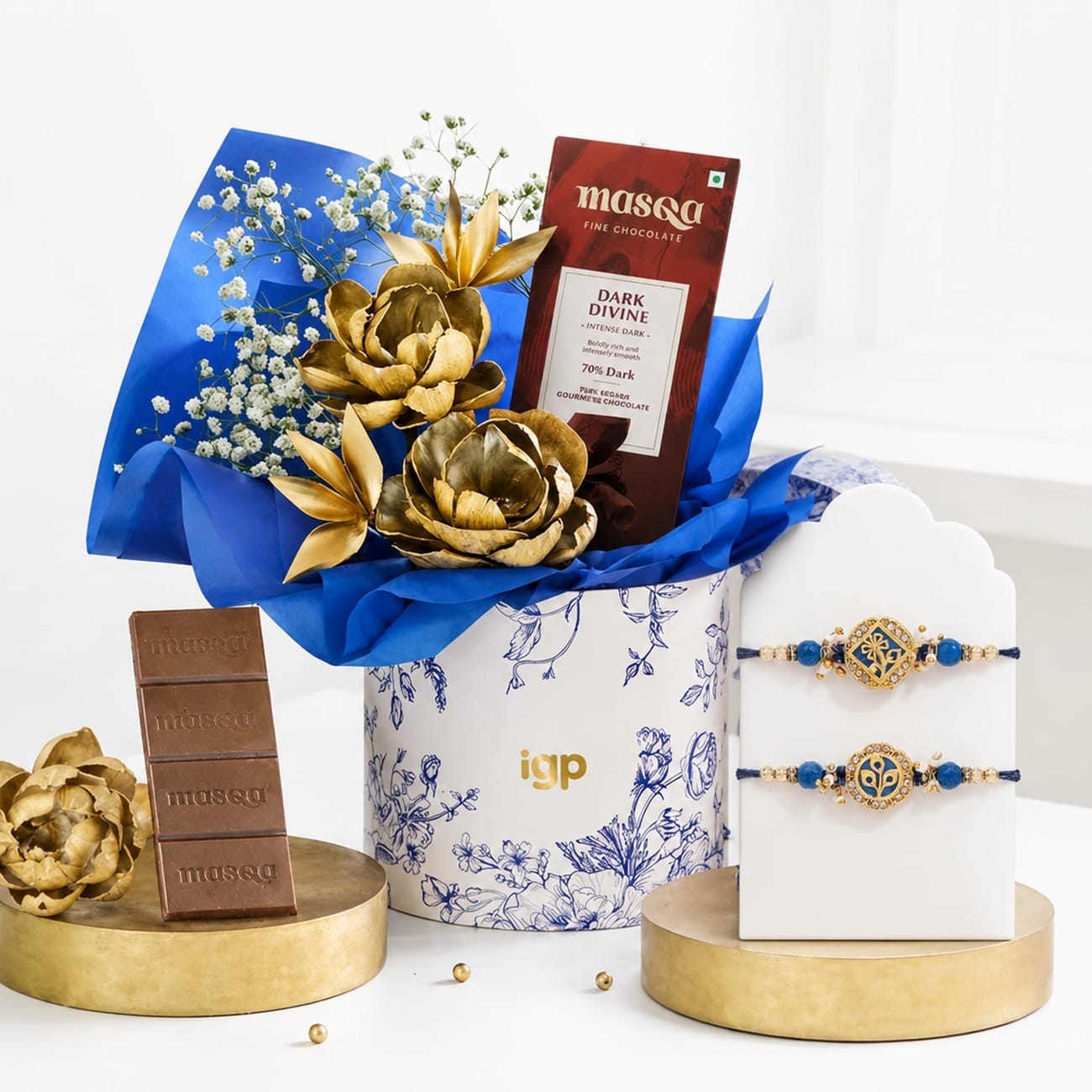 Blue Floral Rakhi with Dark Chocolate