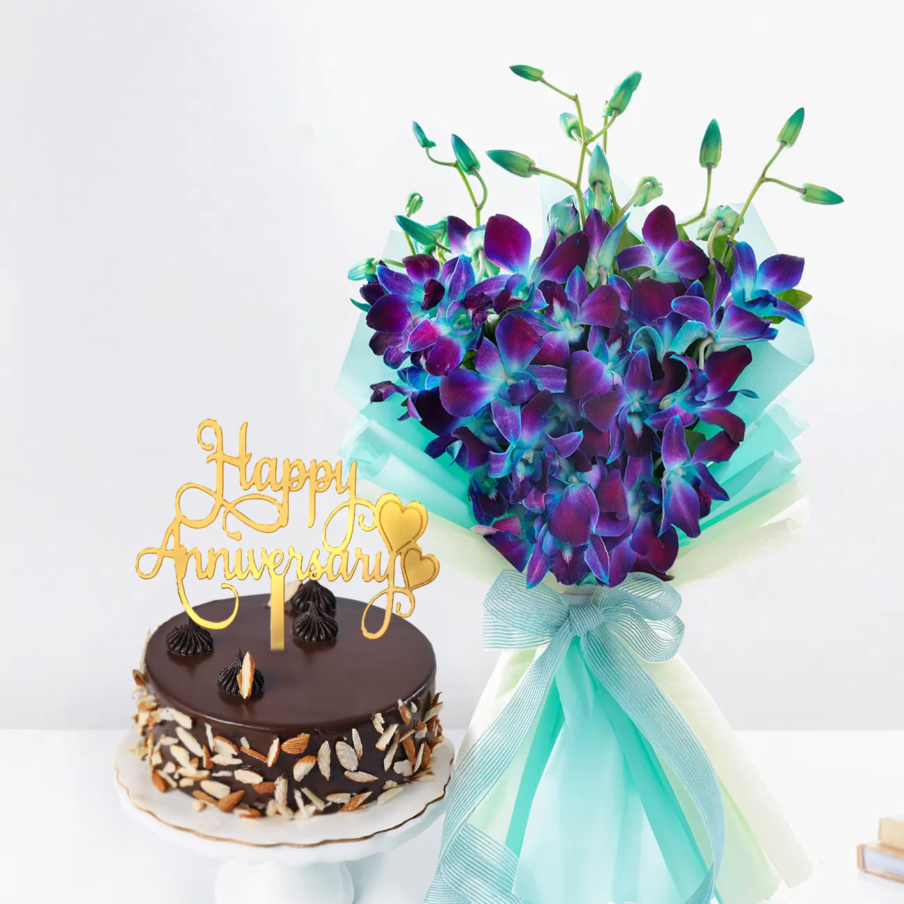 Blue Orchids & Hazelnut Cake Anniversary Combo