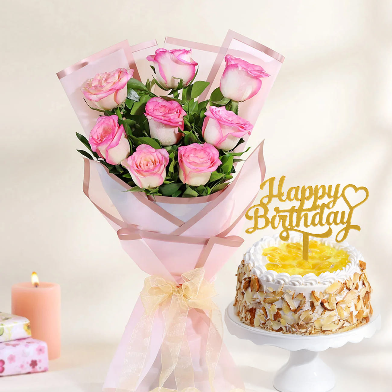 Blush Pink Roses & Pineapple Cake Birthday Combo