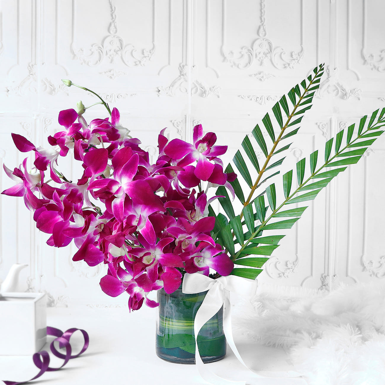 Bouquet of Purple Orchids in Glass vase (6 Stems)