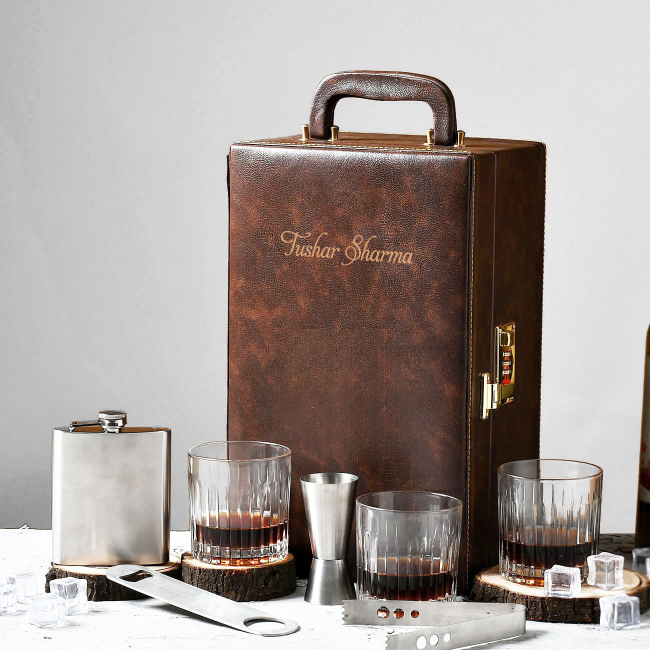 Brown Portable Personalized Bar Set In Case
