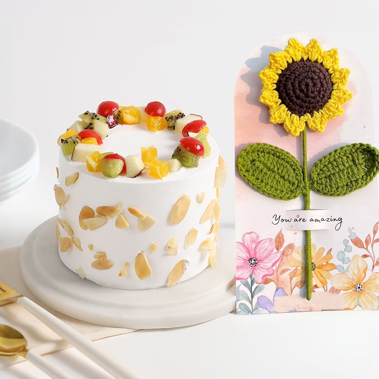 Charming Cake And Crochet Sunflower Gift Combo