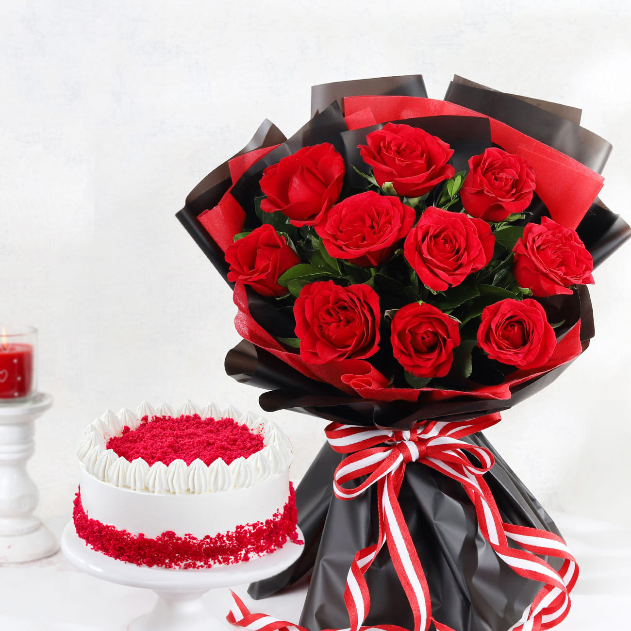 Cheerful Red Roses Bouquet And Cake Combo