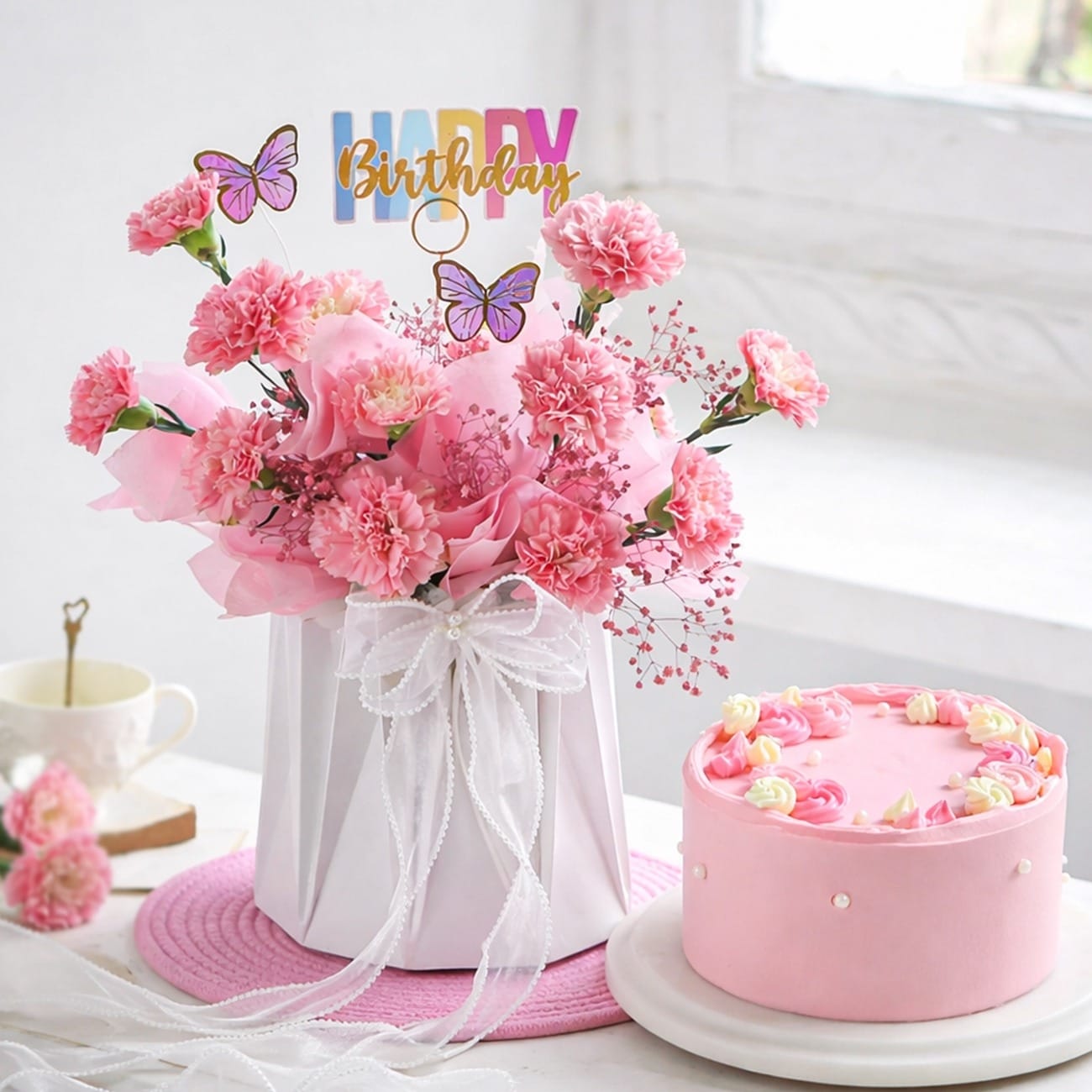 Coral Birthday Floral Arrangement & Cake Combo