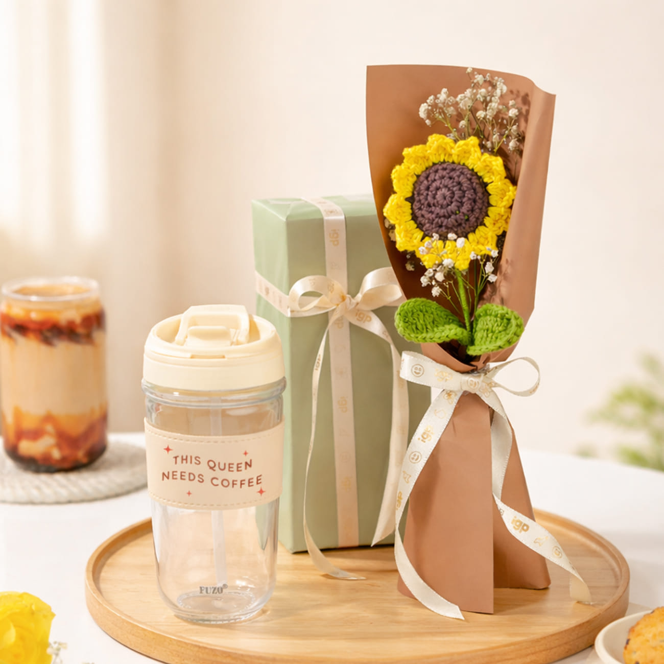 Crochet Sunflower & Glass Sipper Gift Combo