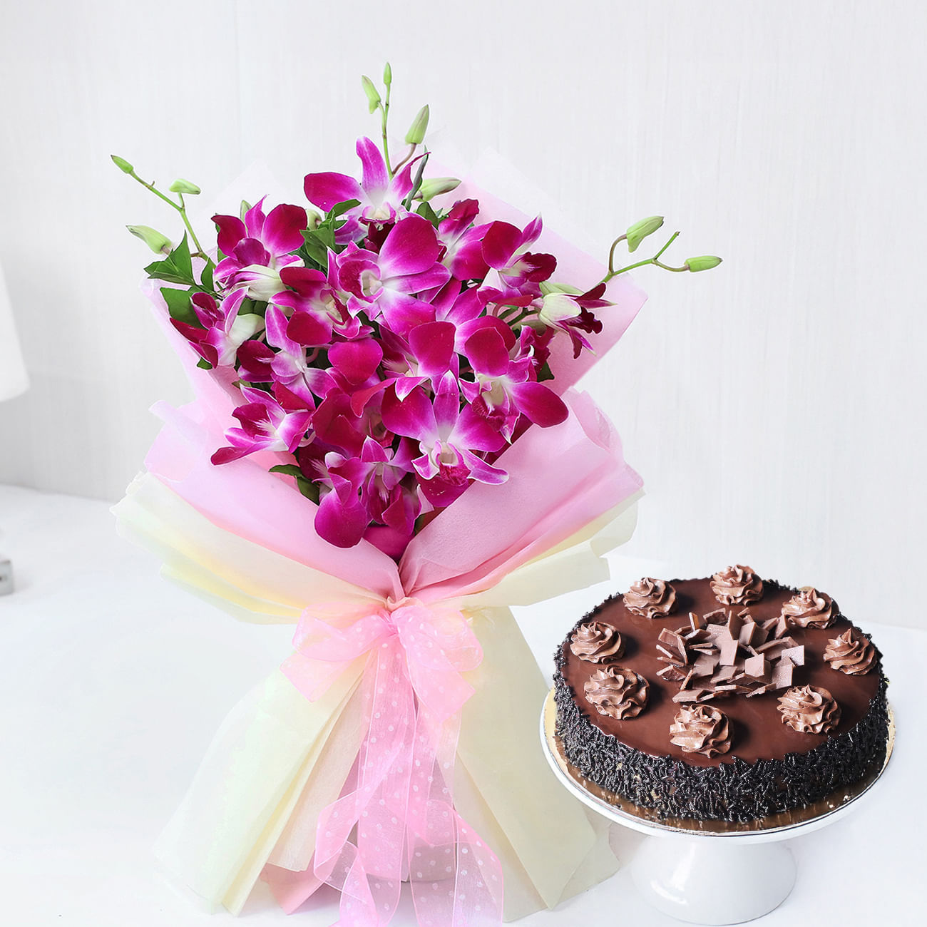 Decadent Chocolate Truffle Cake With Orchids Bouquet Combo