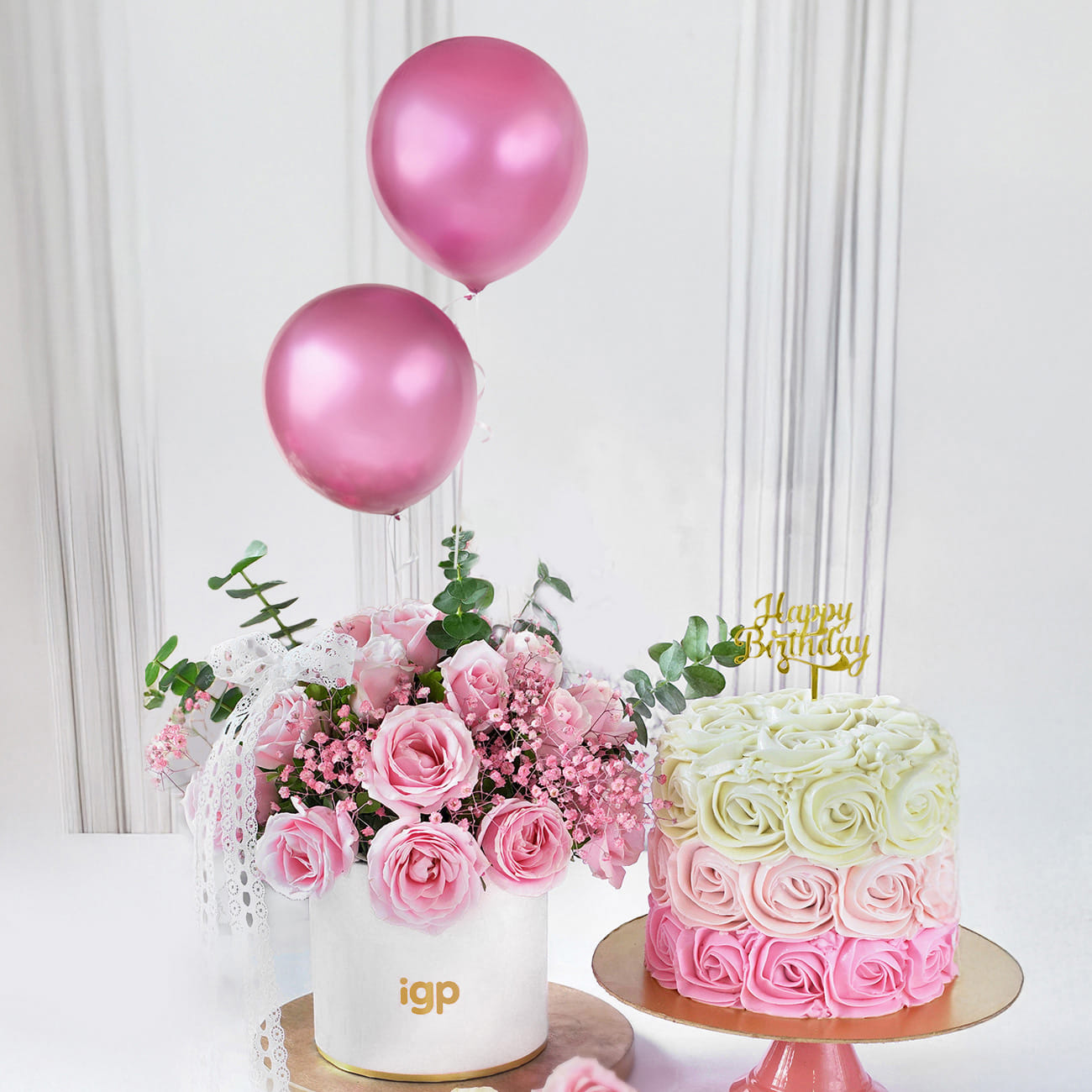 Dreamy Blushing Balloons Roses And Pink Ombre Roses Cream Cake Combo