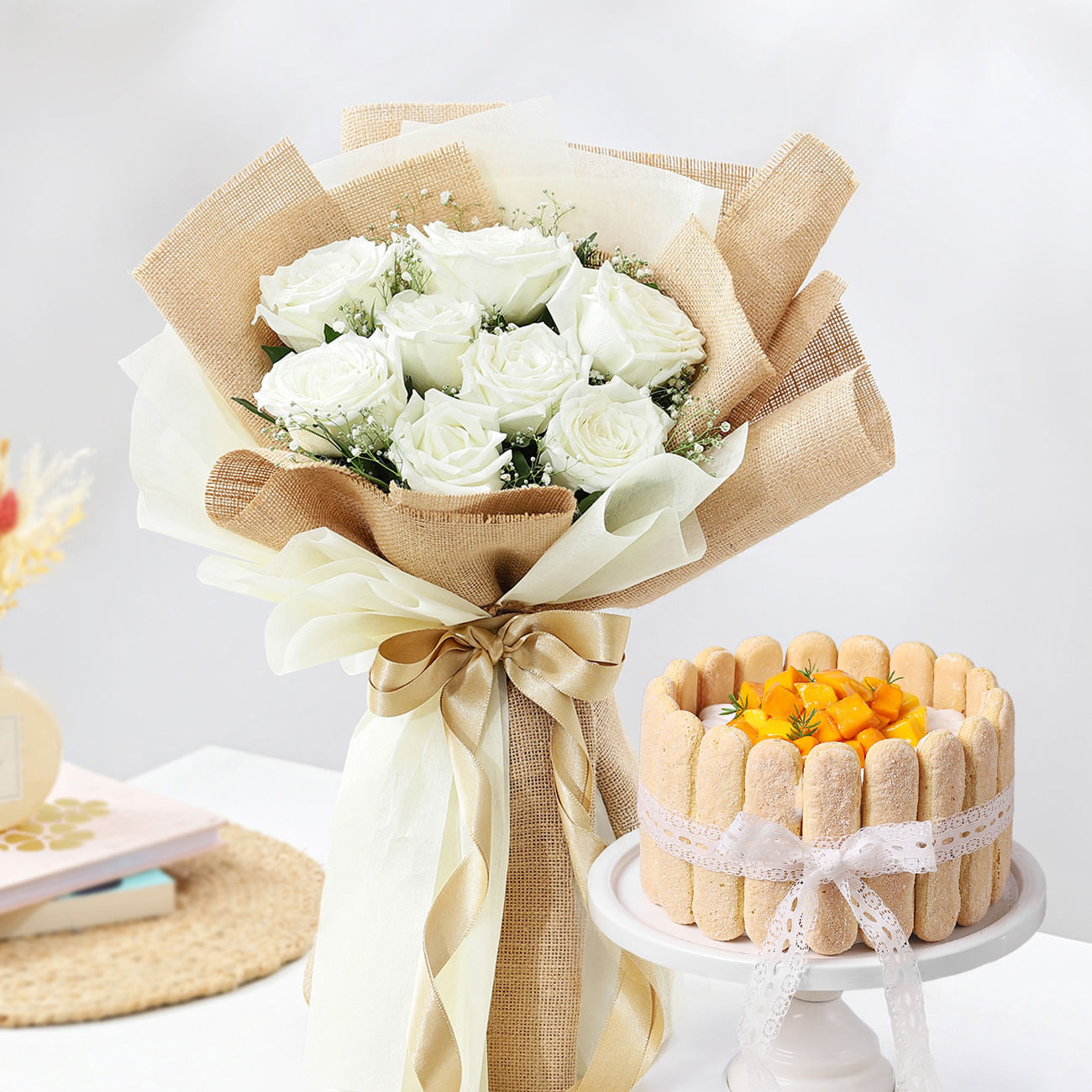 Elegant Blooms And Mango Whimsy Cake Gift Combo