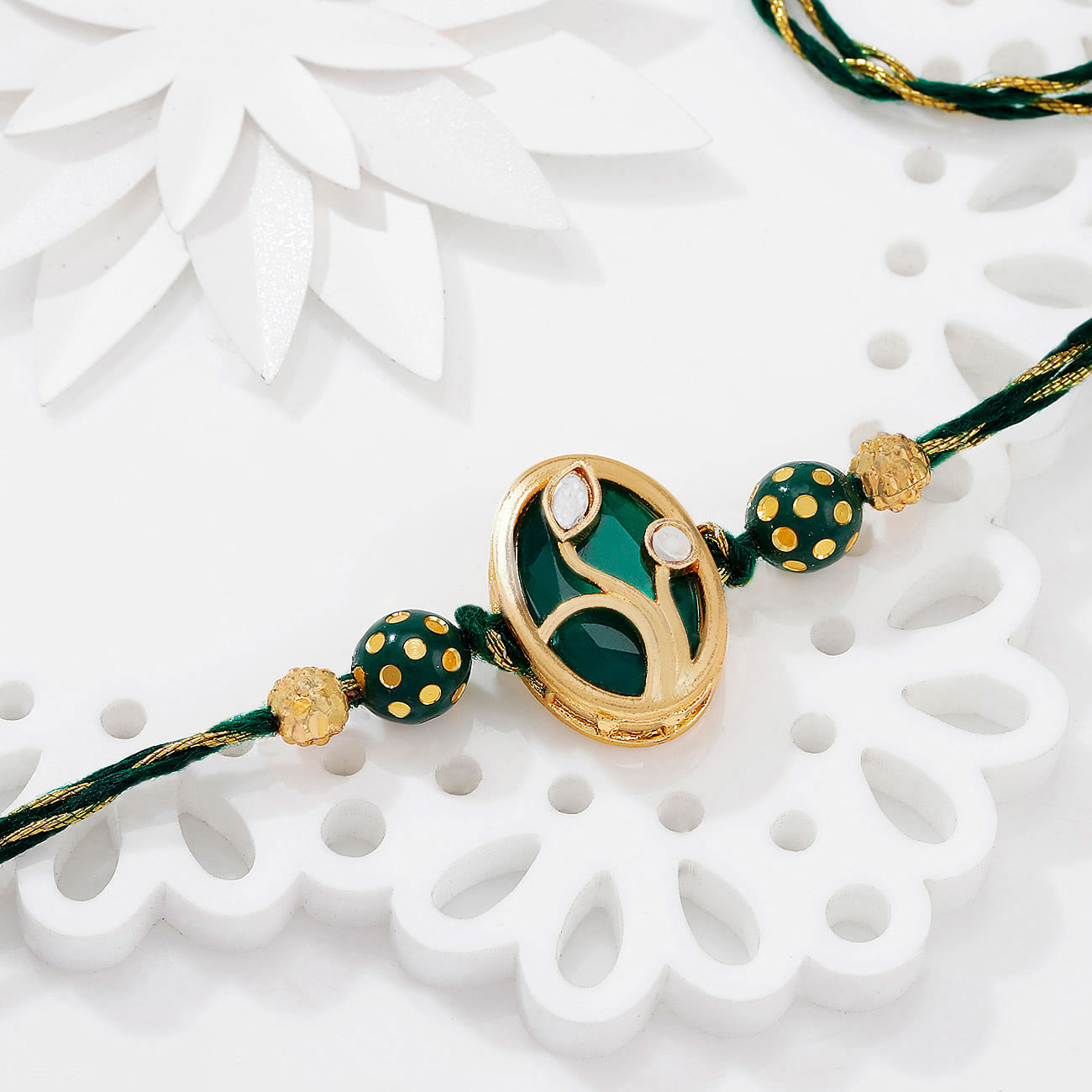 Emerald Leaf Kundan And Meenakari Rakhi