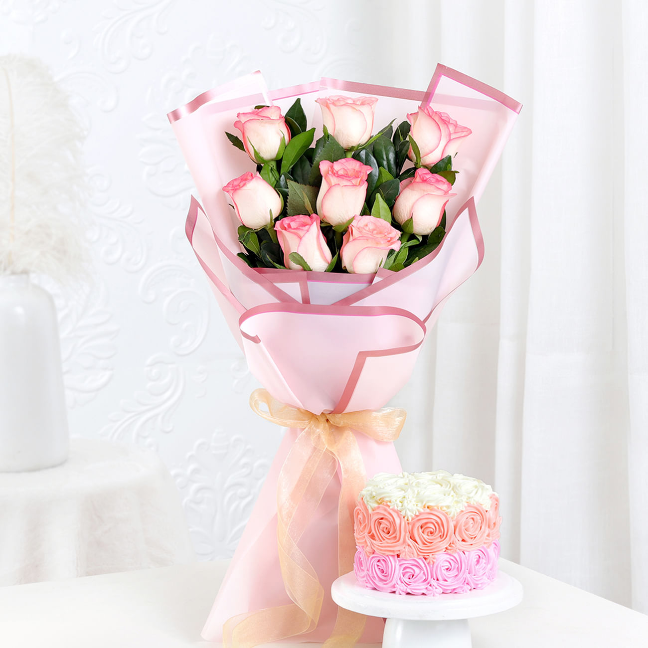 Enchanting Bliss - Pink Roses Bouquet With Mini Cake