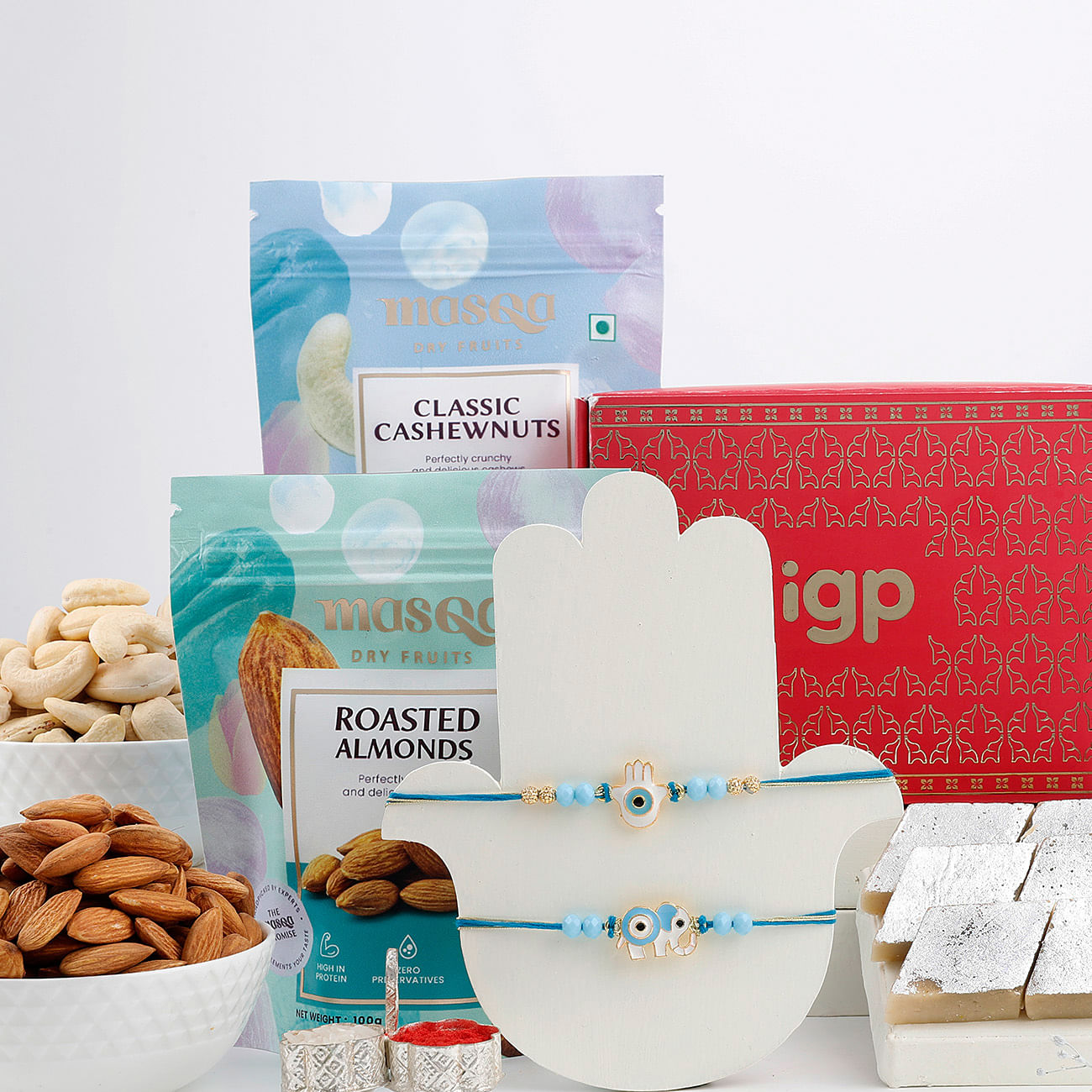 Evil Eye Elephant And Humsa Rakhi Hamper