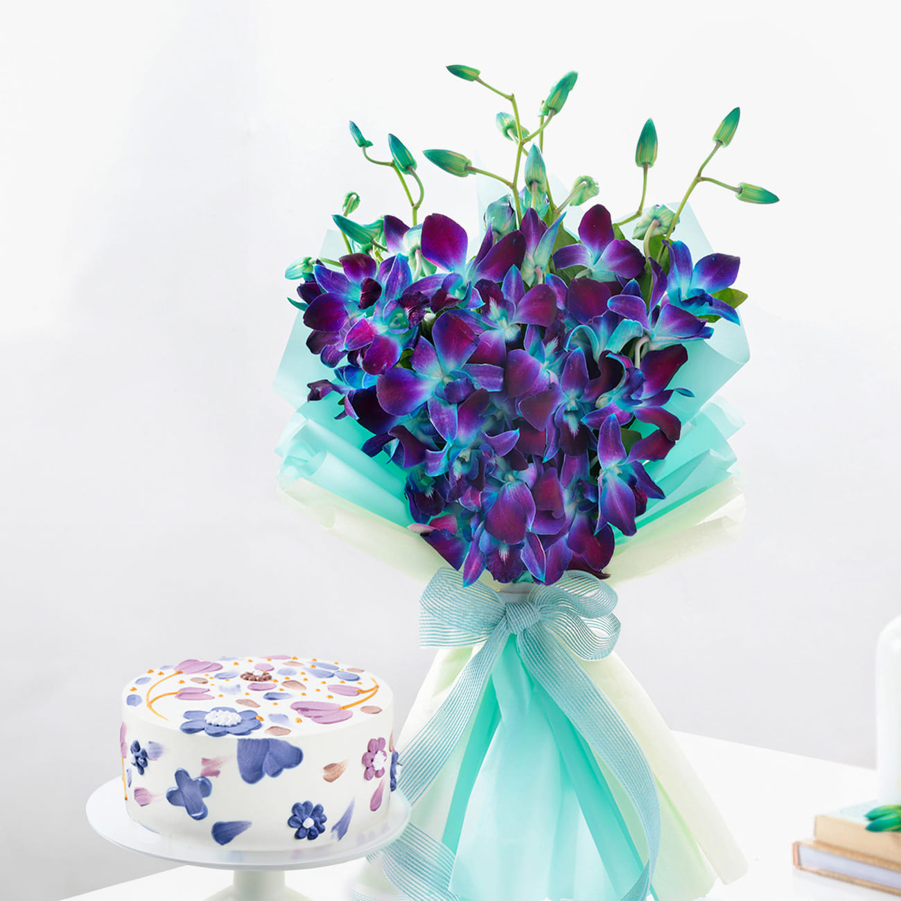Floral Bliss Cake And Blue Orchids Bouquet Combo