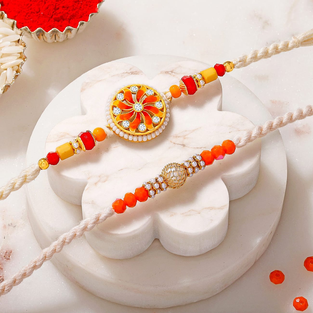 Floral Wheel and Beaded Designer Rakhi Set of 2