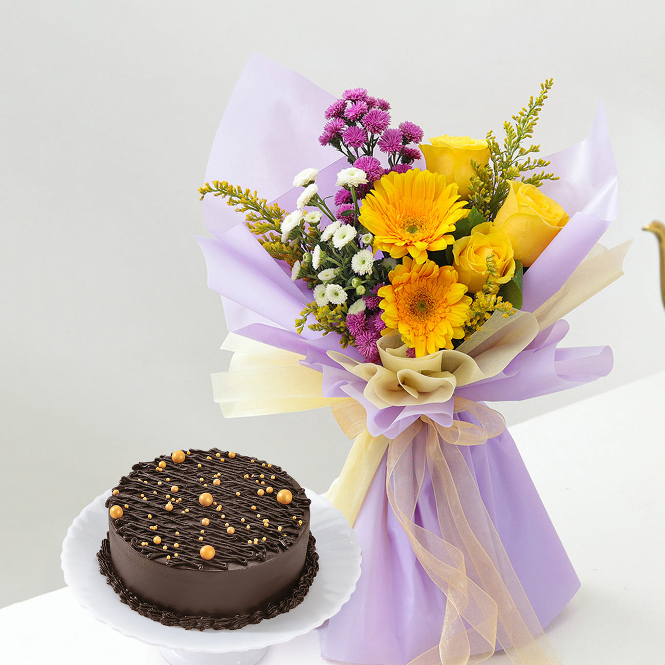 Golden Bloom And Midnight Truffle Cake Combo