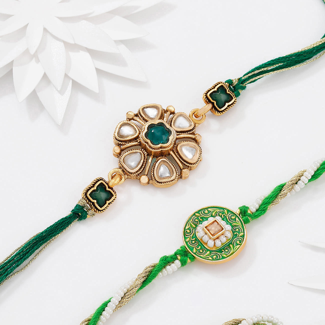 Green Kundan And Meenakari Rakhis - Set Of 2