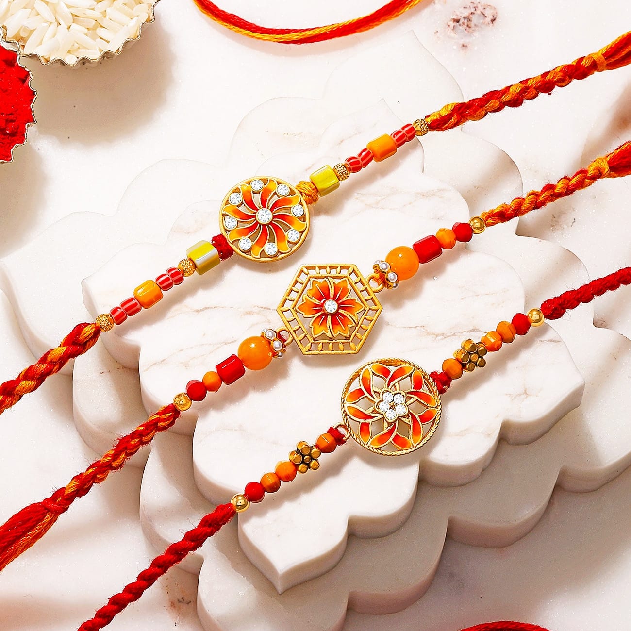 Handcrafted Floral Enamel Rakhi Set of 3