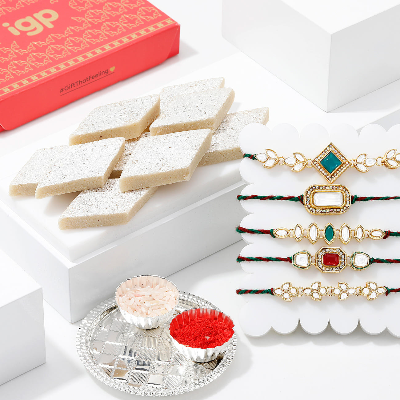 Intricate Kundan Rakhis And Pooja Thali Hamper