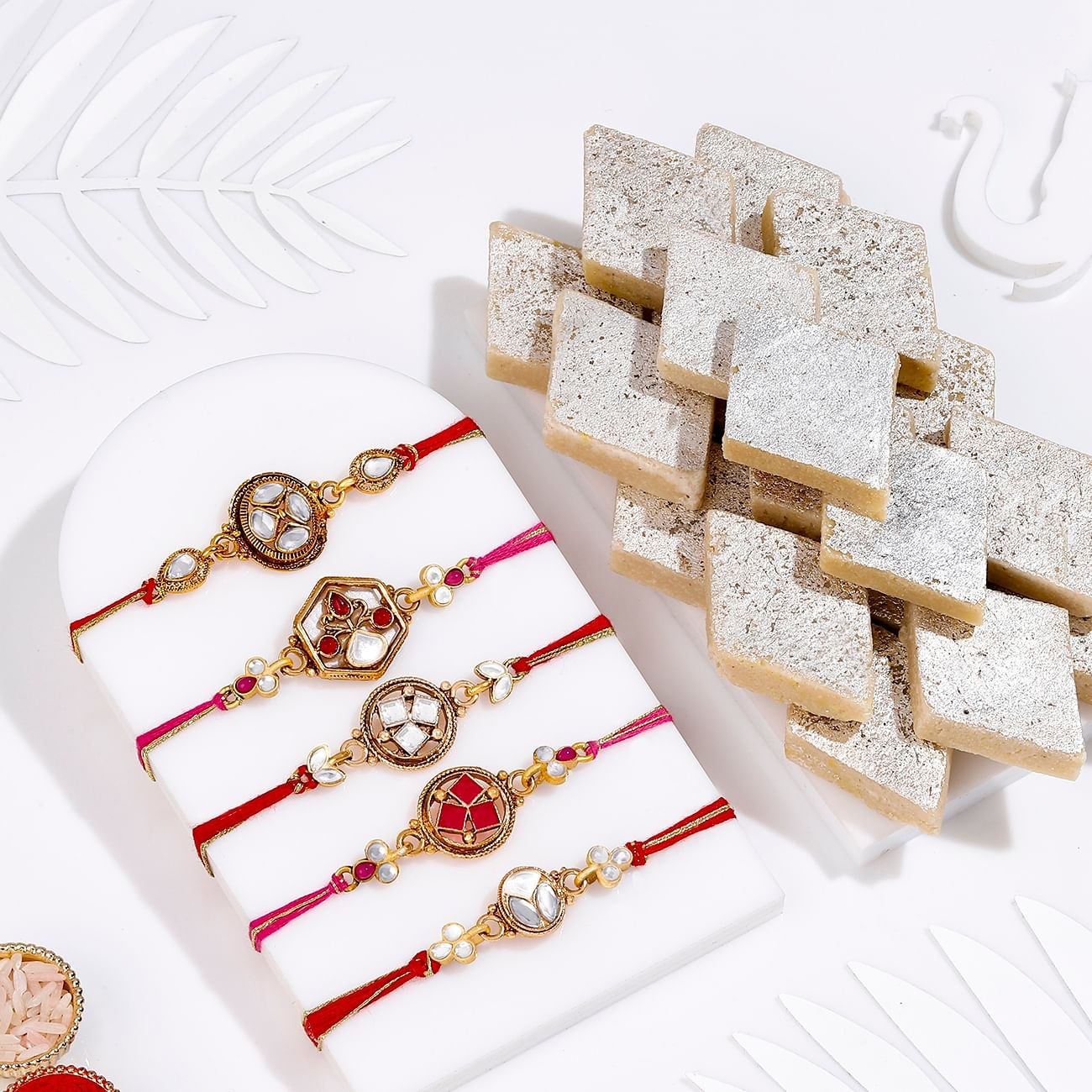 Kundan and Meena Rakhi And Kaju Katli  Set Of 5