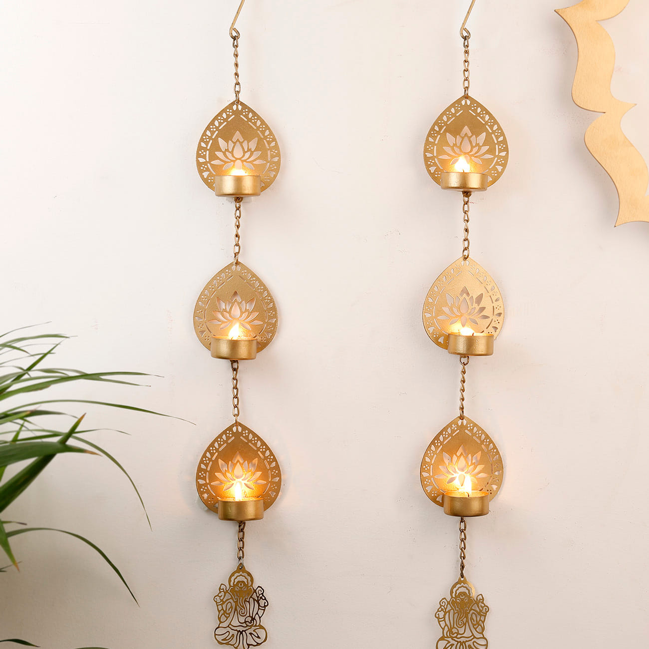 Lotus With Ganesha Wall Hanging - Tea Light Holder With Candle - Set Of 2