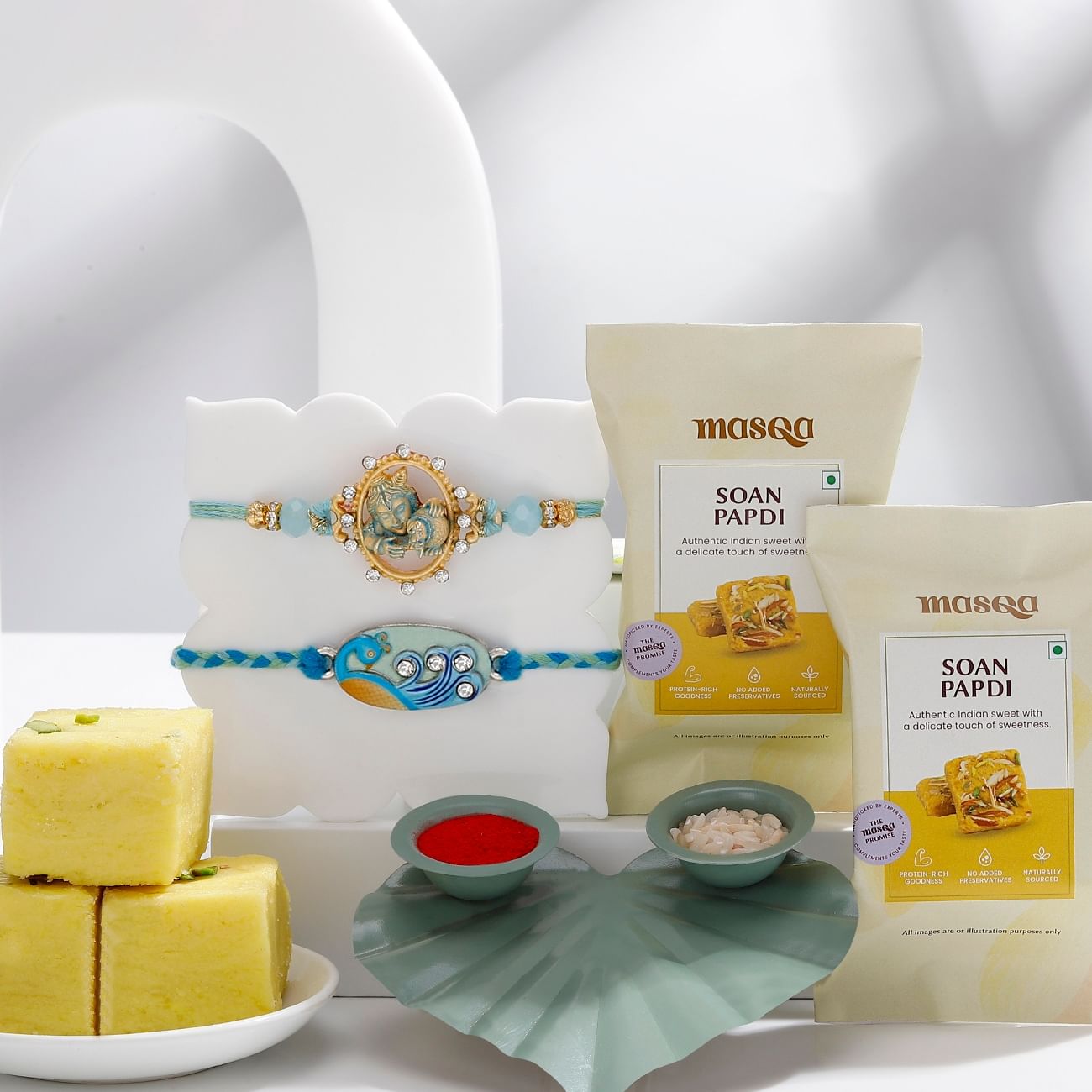 Meenakari Krishna And Peacock Rakhis Hamper