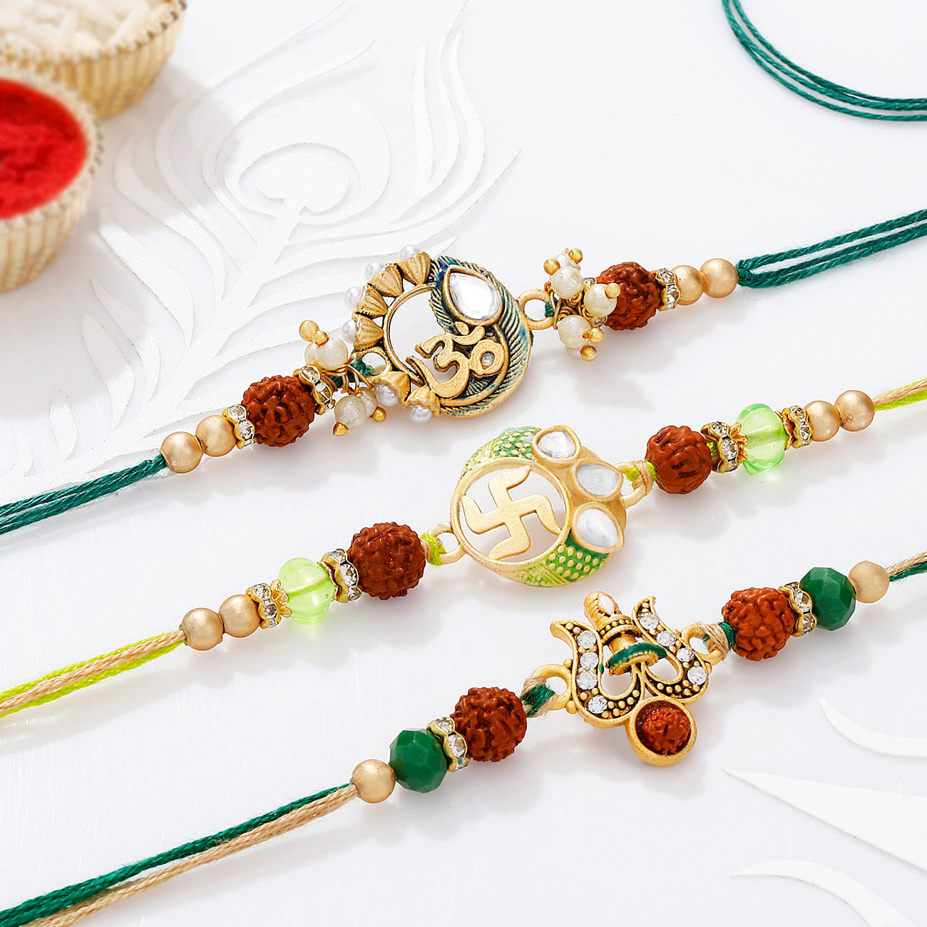 Meenakari Swastik Om And Trishul Rakhis - Set Of 3