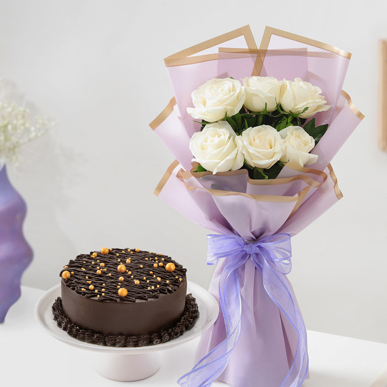 Midnight Truffle Cake & White Roses Bouquet Combo