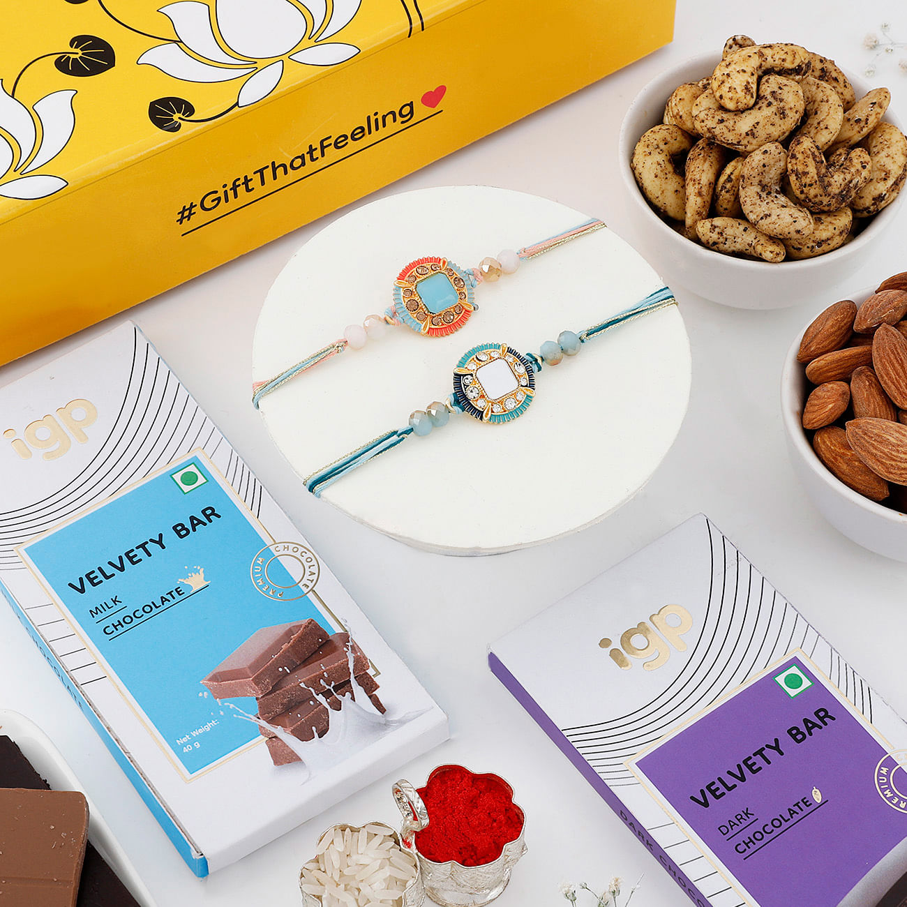 Mirror Work Rakhi Set Of 2 And Gourmet Treats Hamper