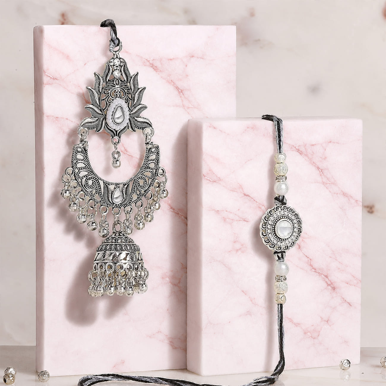 Oxidized Silver Bhaiya Bhabhi Rakhi Set