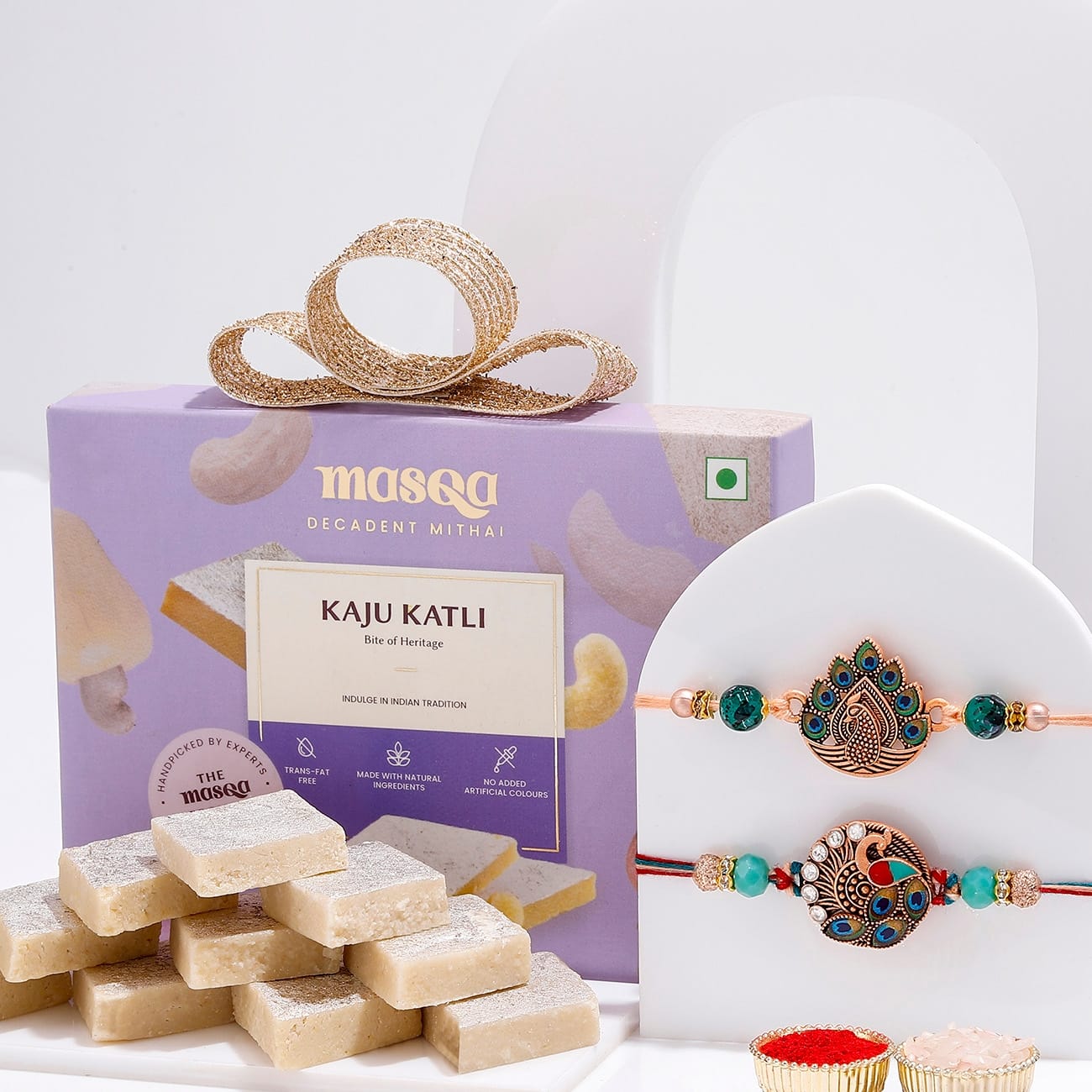 Peacock Rakhis And Kaju Katli Rakhi Combo