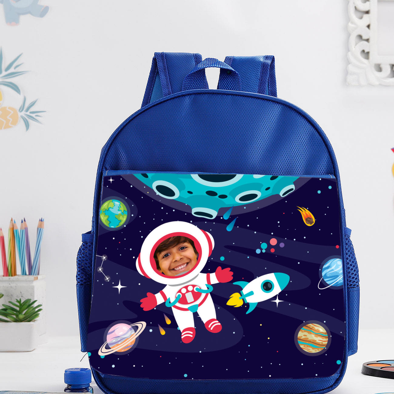 Personalized Astronaut Caricature School Bag - Blue