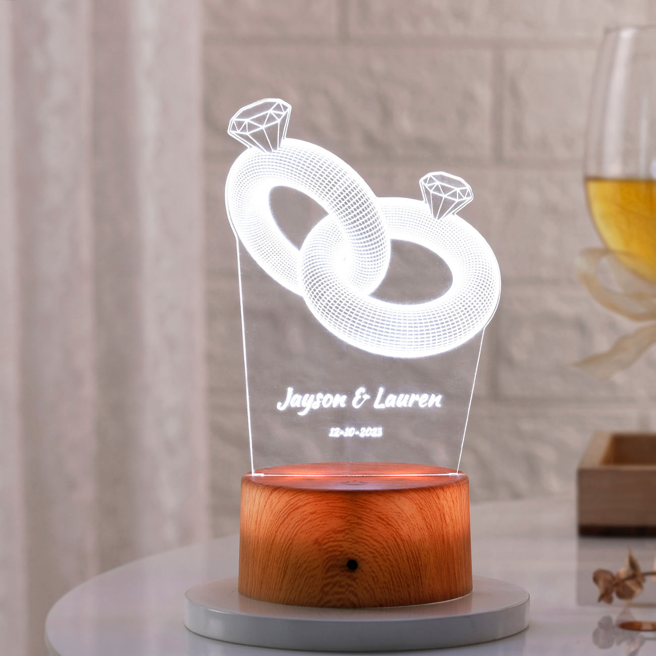 Personalized Couple Ring LED Lamp - Wooden Finish Base