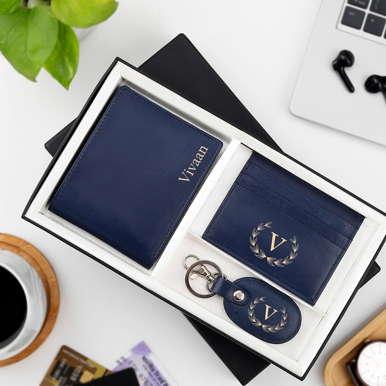 Personalized Genuine Leather Wallet Combo For Men - Blue