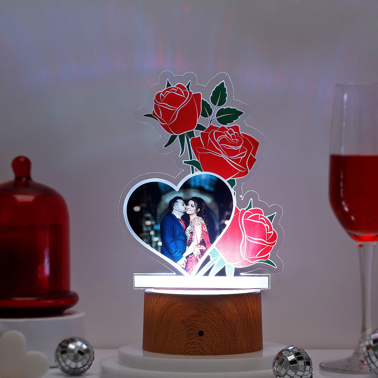 Personalized Heart And Roses LED Lamp Brown Base