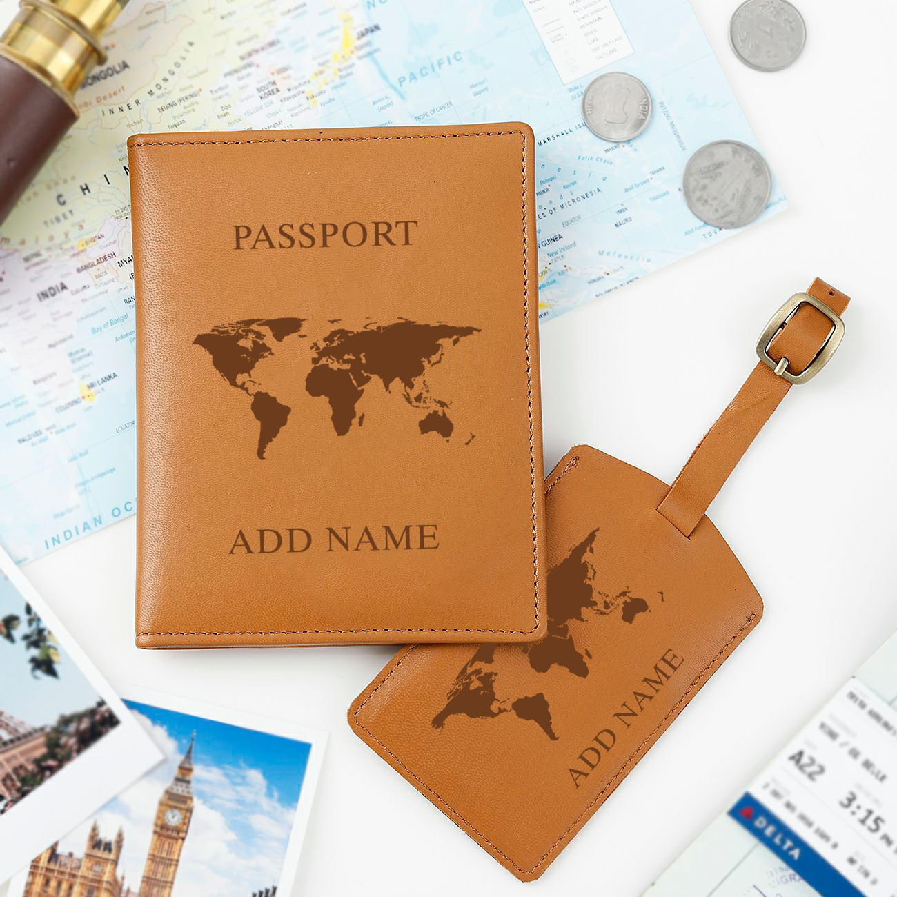 Personalized Passport Cover And Luggage Tag Combo - Tan