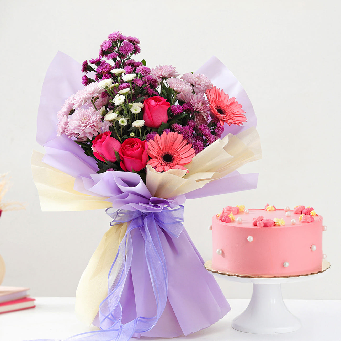 Pink Delight Cake And Elegant Floral Bouquet Combo