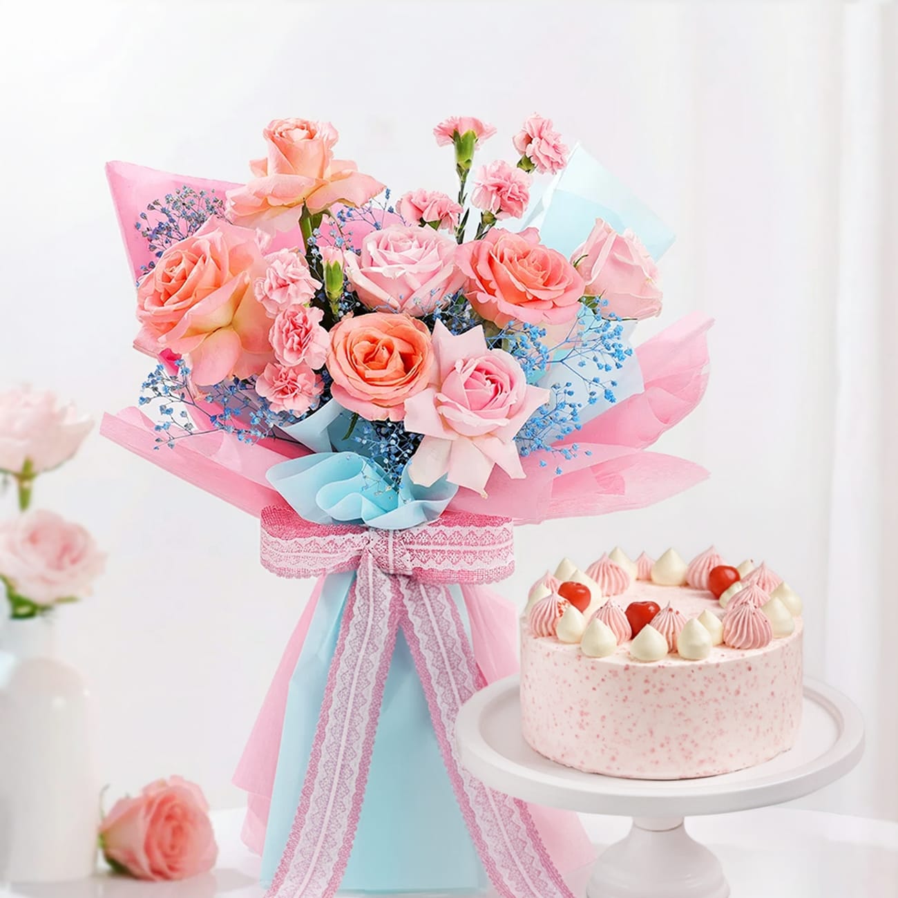Pink Rose Bouquet & Strawberry Cake Gift Combo