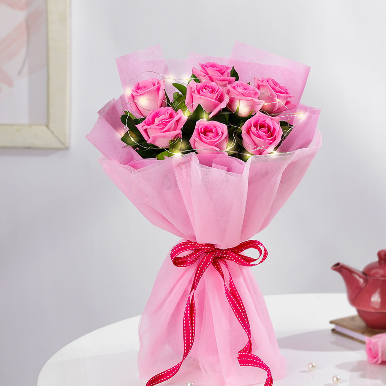 Pink Rose Bouquet With Lights