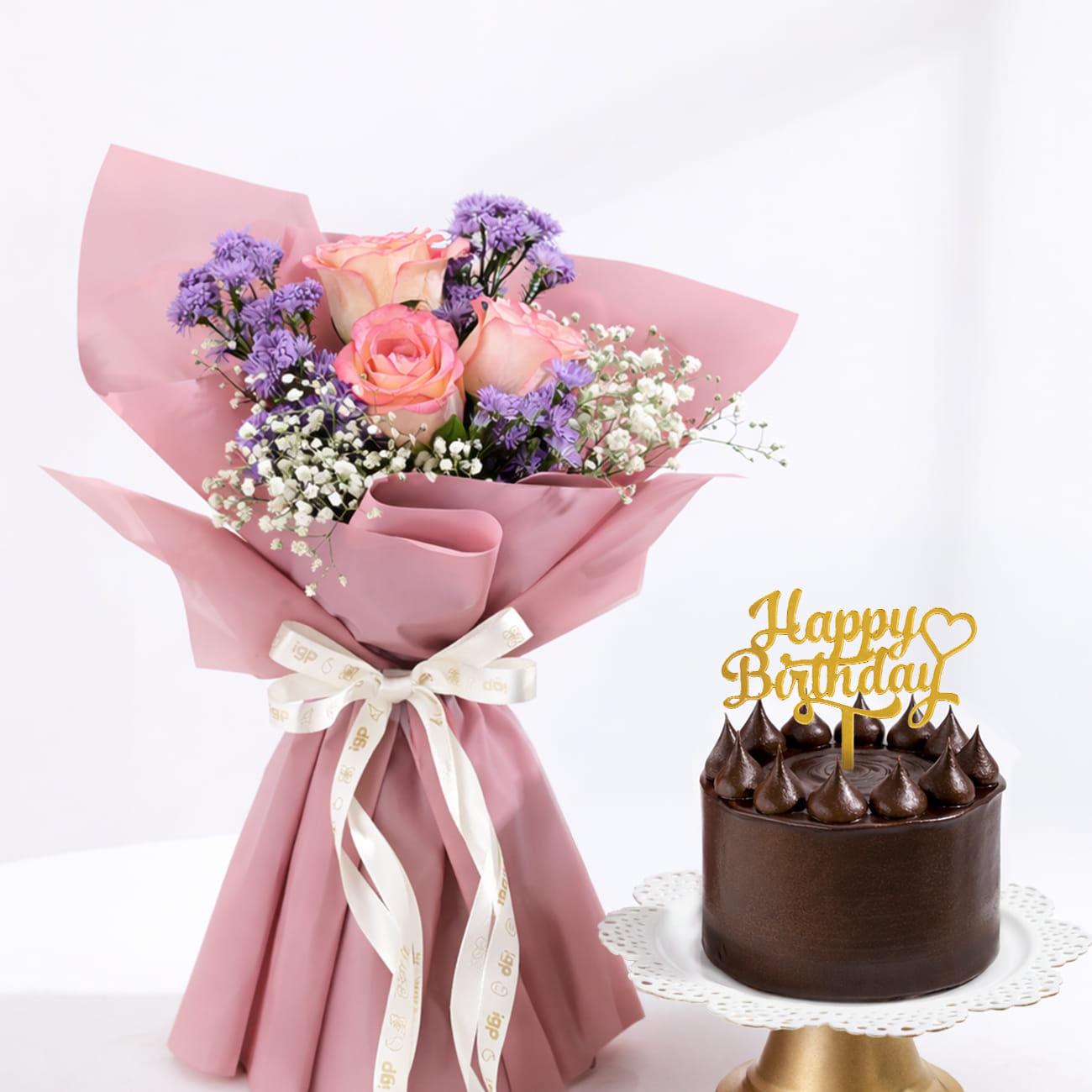 Purple Bouquet and Chocolate Crown Cake Birthday Combo