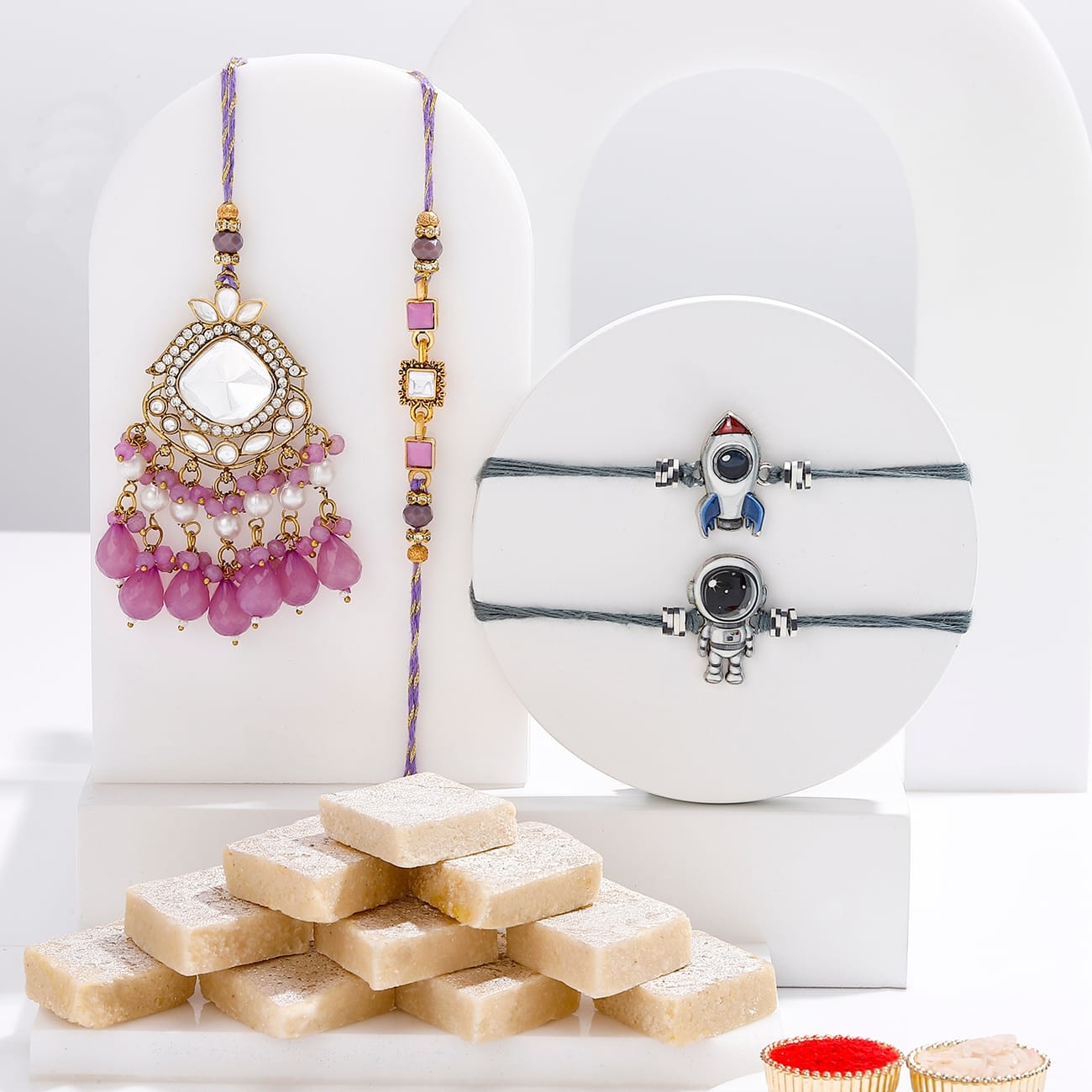 Purple Charm Bhaiya Bhabhi And Kids Rakhi Combo