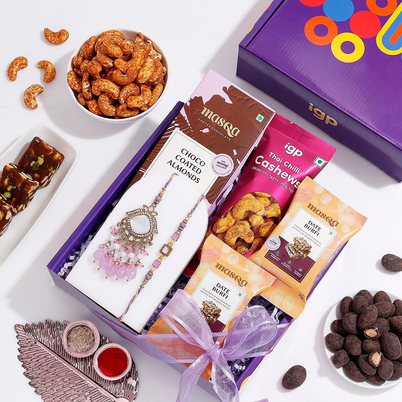 Purple Kundan Bhaiya Bhabhi Rakhi Hamper