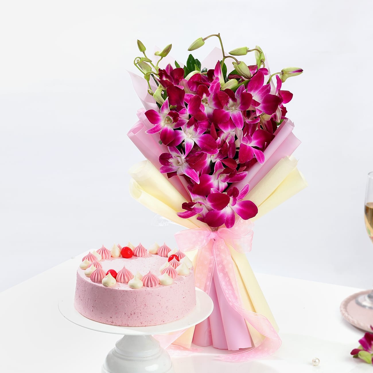 Purple Orchids And Strawberry Cake Valentine's Day Gift Combo