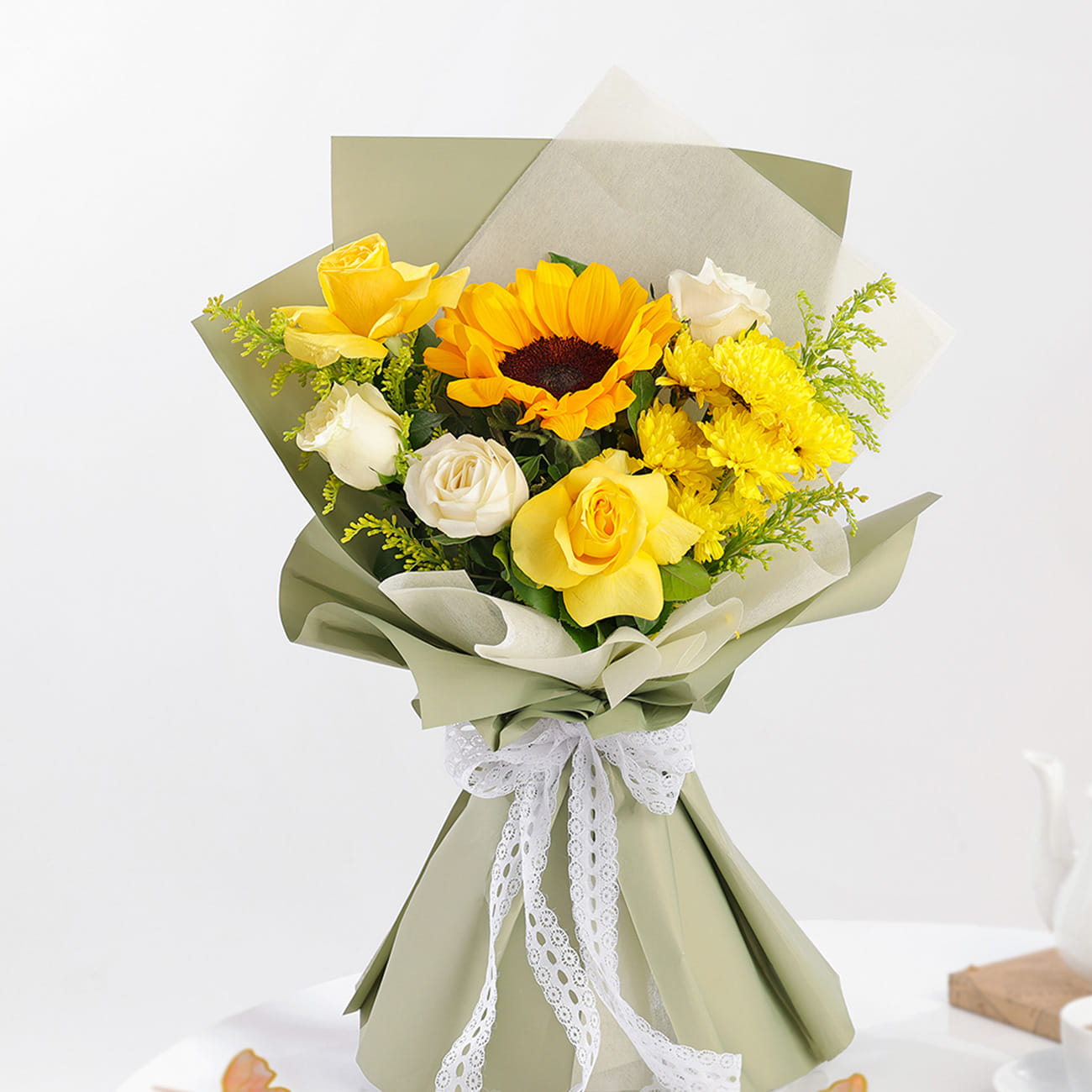 Radiant Sunflower Bouquet with Yellow & White Roses