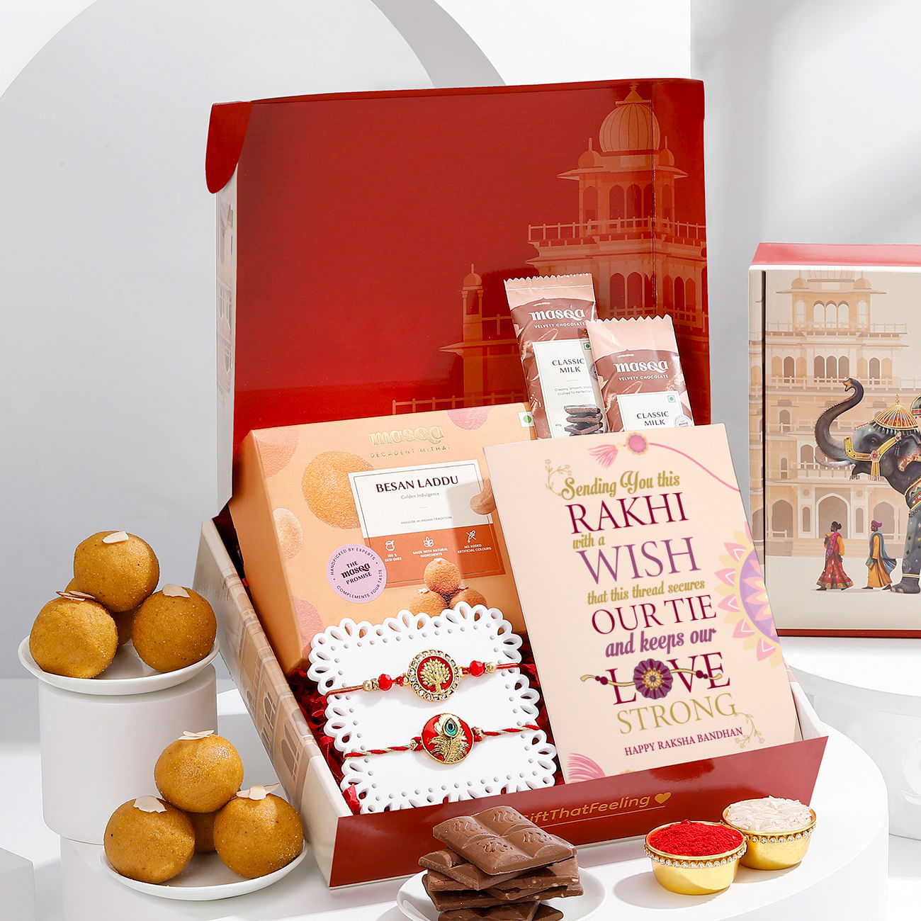 Red Meenakari Rakhis And Sweets Hamper